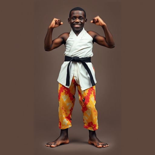 Create a character who looks like a funny African karate guy who doesn’t have a clue what he is doing. Make him have weird toes, only speedos on and a black karate belt.