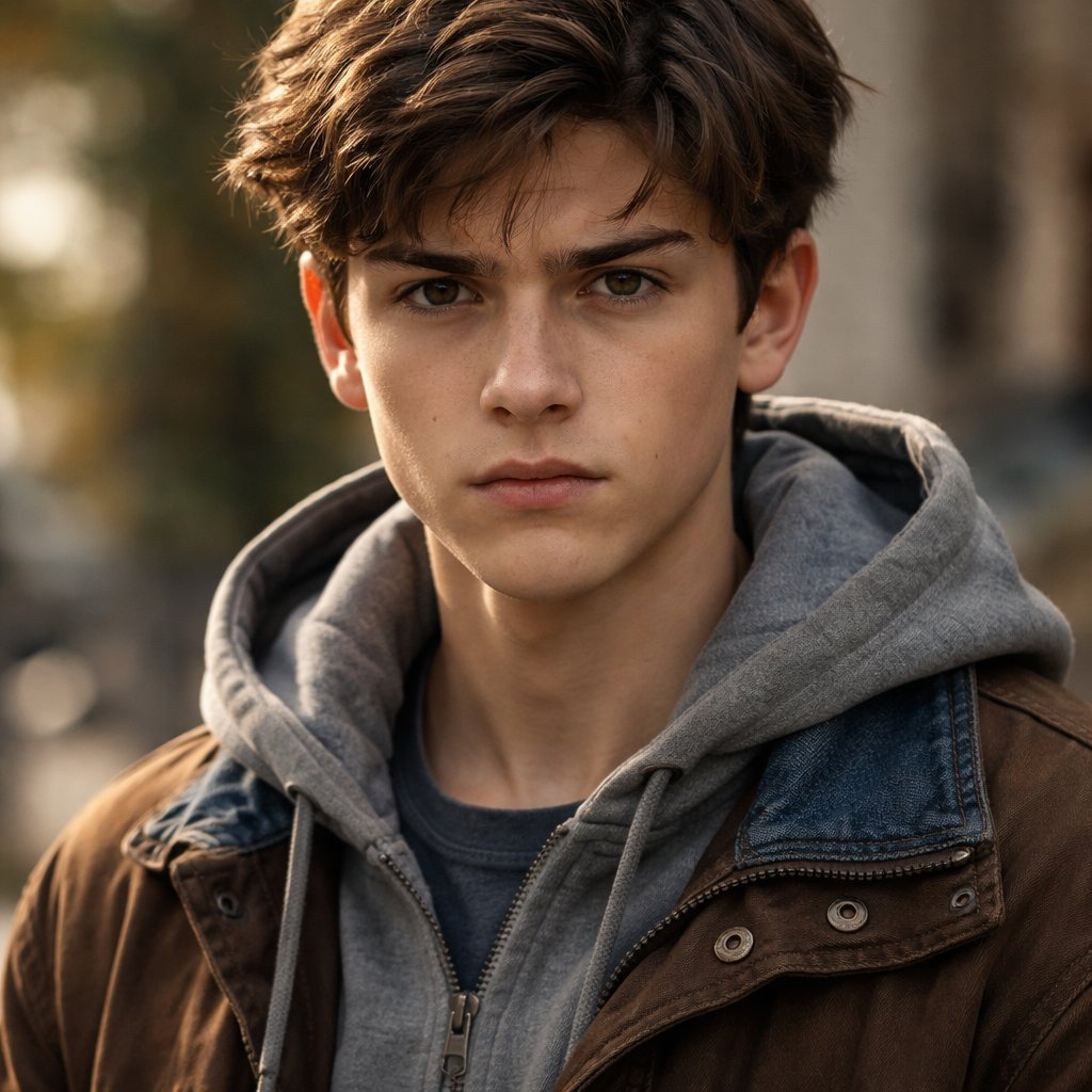 A 17 year old boy who has thick brown hair and brown eyes. He looks determined.