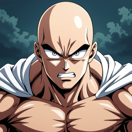 Make Saitama staring at the camera angrily with white eyes huge muscles and intense shading on his body