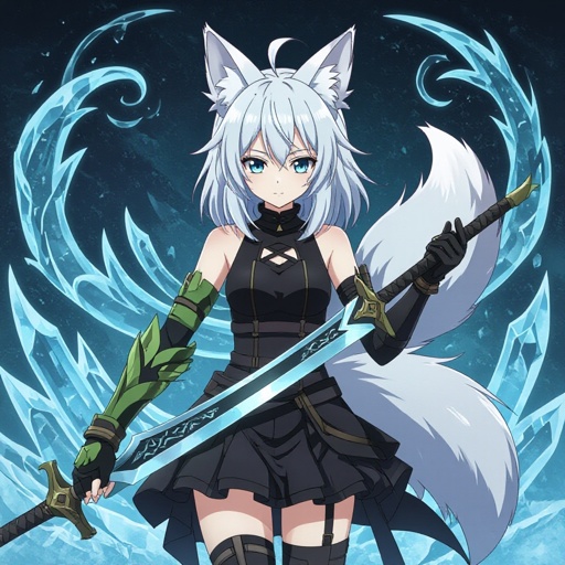 A pale teenage girl wearing black, has medium white hair, has large fox ears and a fluffy tail and a dark green and brown ancient right arm with a black glove on her left arm holding a sword of ice with a black-ish background with ice swirling around her