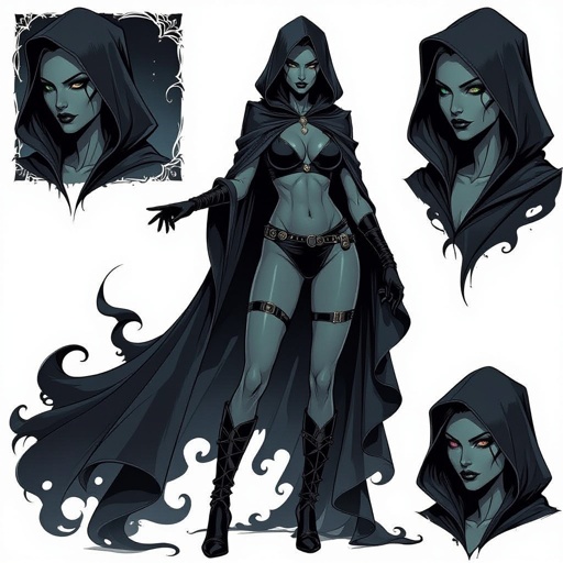 sexy shadow demon witch gypsy slate grey skin large black billowing cloak that emits darkness and shadow. Two piece