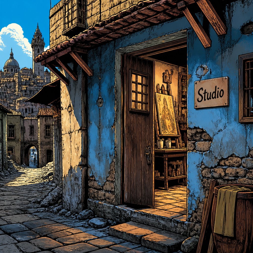 no words . No people partially open door. No speech bubble. Highly realistic. Intense colours no print dots Exterior view of a studio in the poor peasant part of a very old city