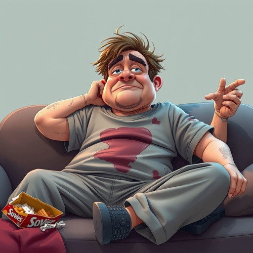 Create a adult humor character who is lazy as heck. And you could tell from his face and his entire outfit. Make is funny and the style of the graphic photographic 
