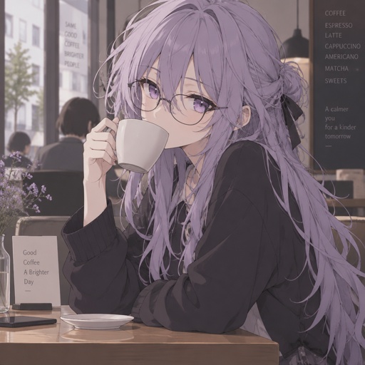 Long messy lavender hair, purple eyes, glasses, drinking coffee at cafe