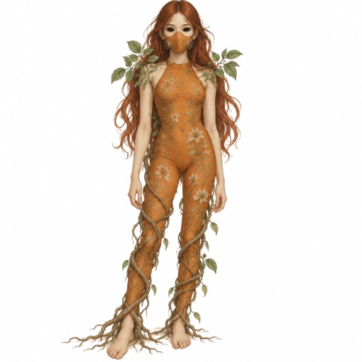 Female wearing an orange one piece legs covered sleeveless feet showing, red long hair, completely black eyes, orange breathing mask, 15 years old 