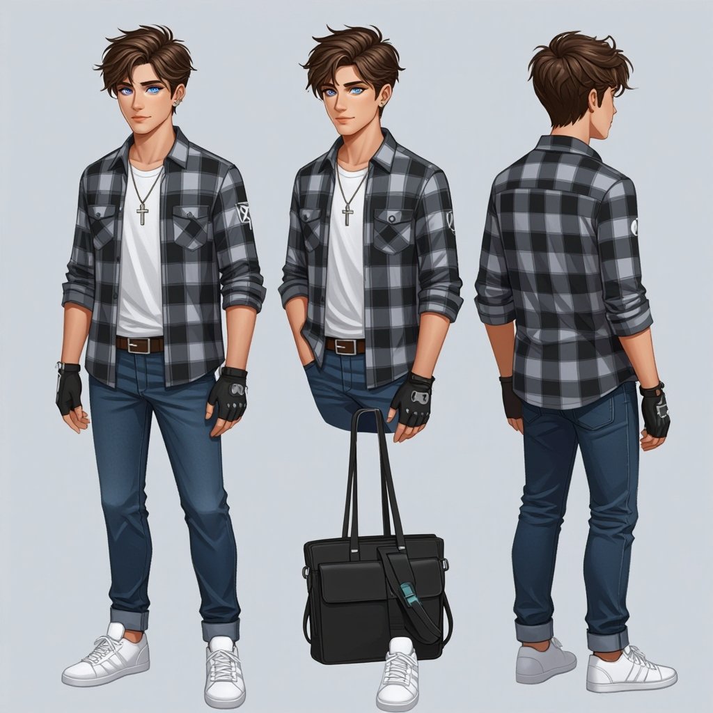 A 20 year old guy with grey eyes, short brown hair styled in a loose undercut modern curtain, wearing white airforce shoes, white socks, a white under shirt with a grey, black, and white plaid shirt with blue jeans, hands are black open fingered gloves, cross necklace and no earrings 