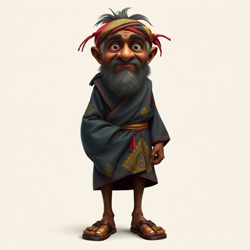 Create a funny looking African sensei. Show the whole character from head, body , legs , feet and make him serious. 