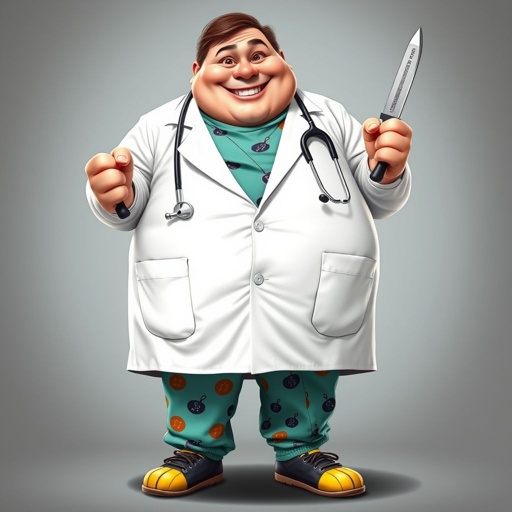 .. create a fat doctor. Who is funny human looking from head to toe. And he always immediately results to surgery for anything even small things. So please be sure to show his whole outfit head to toe. Make him have 1 tooth. Make it more adult humor instead of cartoon humor.