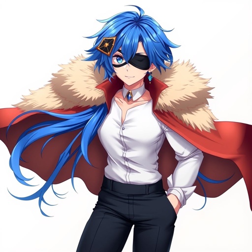 Young Asian man in very early 20’s. Royal blue hair and lighter blue streaks with a lock of hair resting on his left side of his chest. A black eyepatch with gold trim covering his right eye. A periwinkle eye with a diamond-shaped pupil. A half cape with distinctive fur collar, adding a touch of luxury and warmth. His shirt is a white, collared blouse with a noticeable neckline, giving a sense of sophistication and a hint of boldness. Also with dark, form-fitting trousers that emphasise his physique. He also has a blue earring on his left ear, and knee-length boots that complete the ensemble, adding to the overall elegant aesthetic