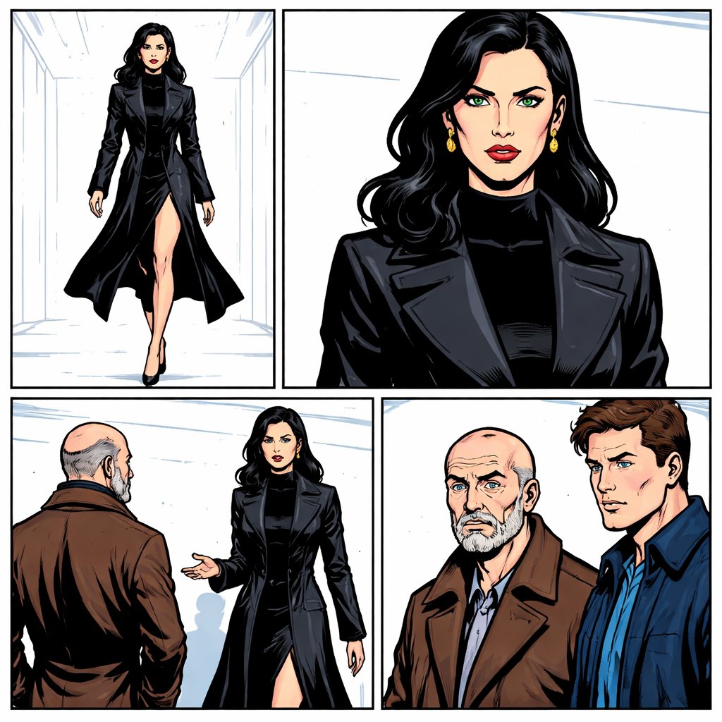 Same woman Four panels. White background. No speech bubbles. A mysterious woman. She is not a wealthy party speaking with two men long shot no cuteness serious and refined.