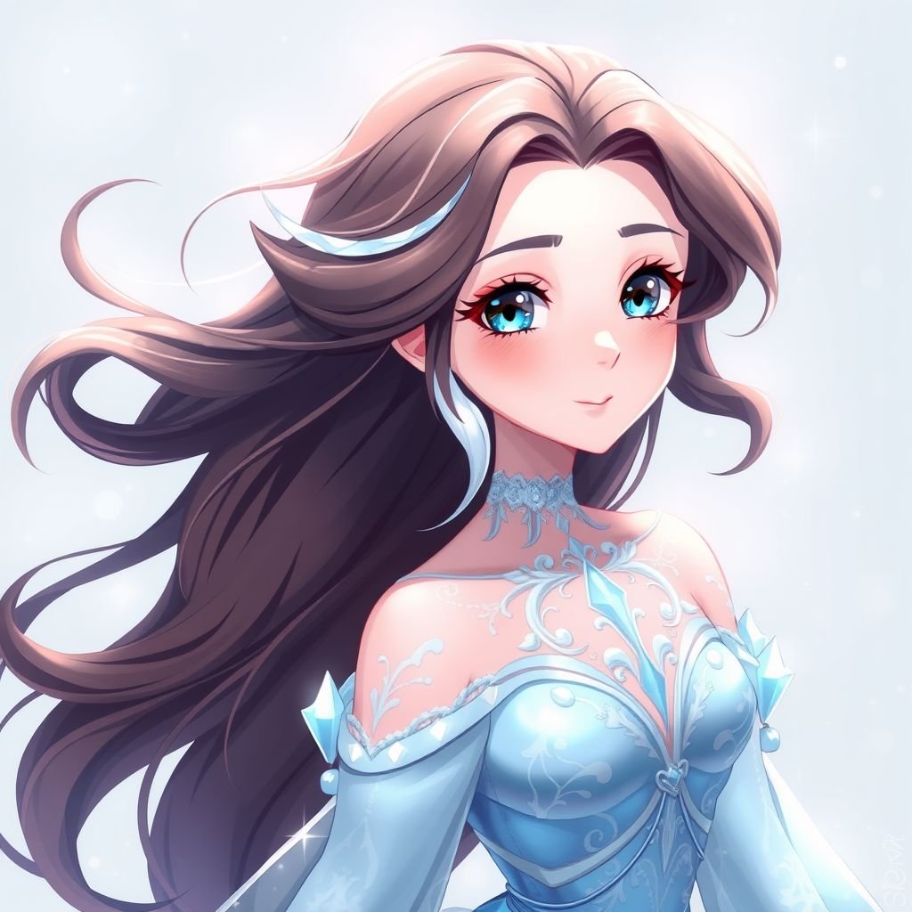 A teenage ice princess with dark brown hair and a white strand