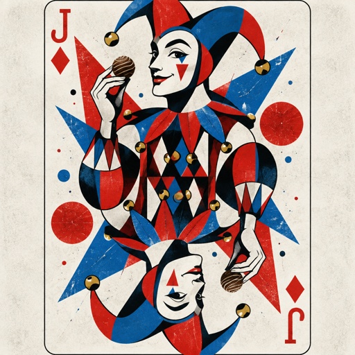 Jester holding a candy truffle on in a bicycle playing card style   