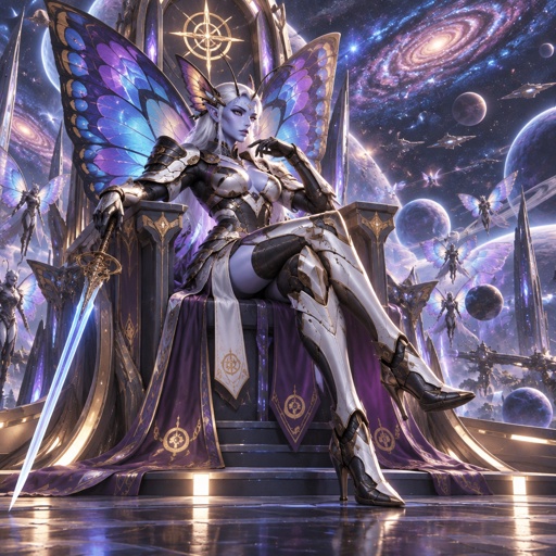a woman sitting on top of a throne in front of a sky filled with stars