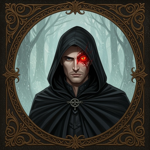 A man in a black cloak hiding his appearance in a veil of darkness behind the veil of his cloak is a single open blood red dragon eye were his left eye would be