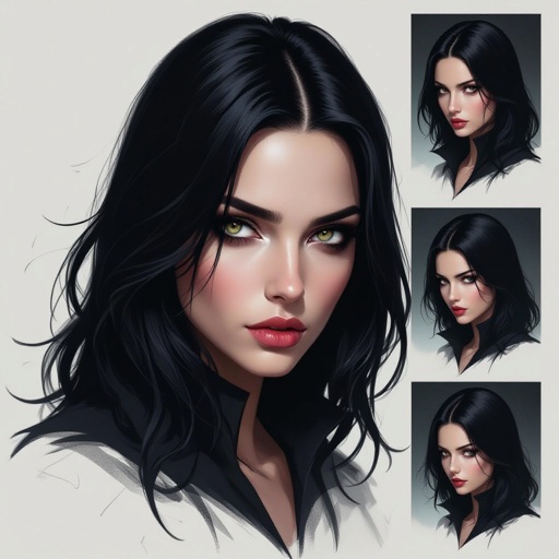 Show character head to toe. Create mysterious woman jet-black hair is cut sharpand her eyes seem to pierce through darkness. A shadowy aura clings to her form,