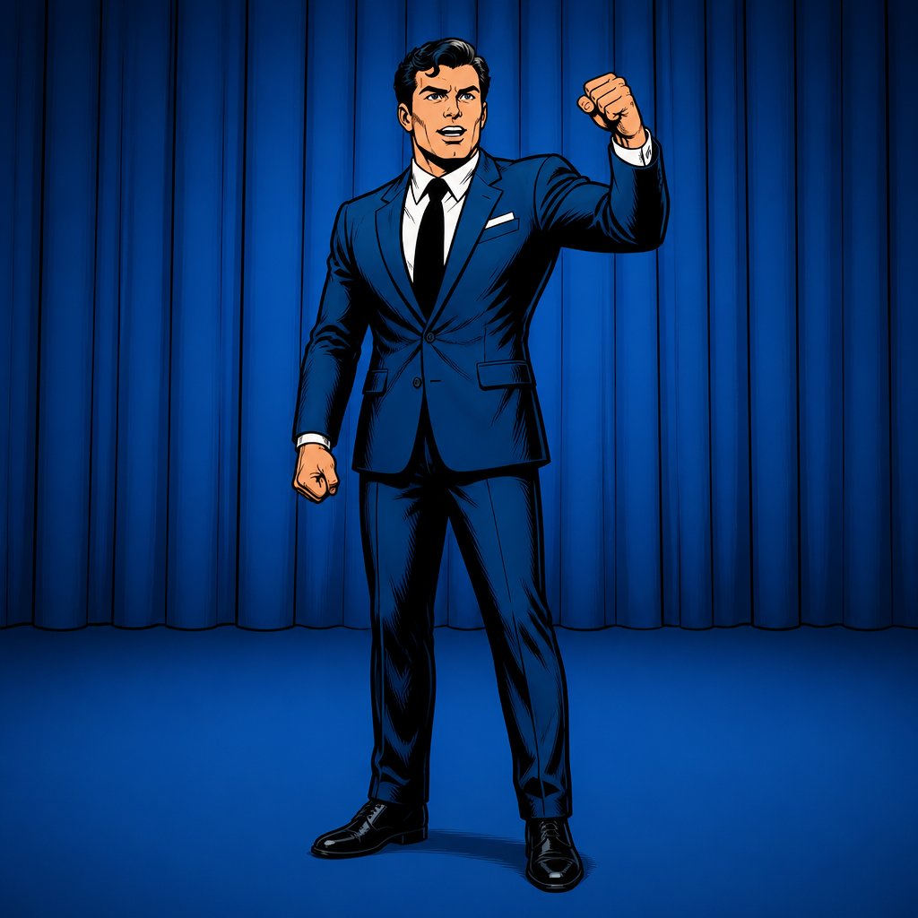 a man in a suit and tie standing in front of a blue curtain