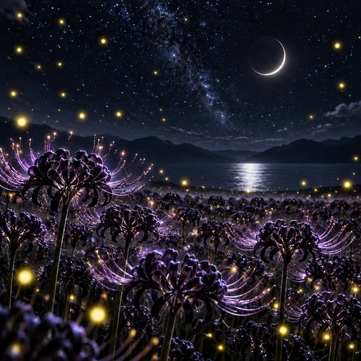 a field full of purple flowers under a night sky