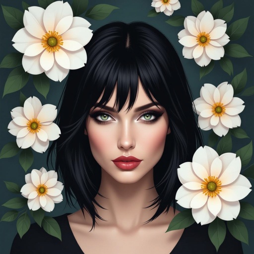 Show character head to toe. Create a mid age mysterious woman jet-black hair is cut sharpand her eyes seem to pierce through darkness. A shadowy aura clings to her form,