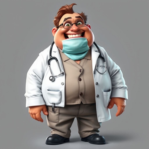 create a fat doctor. Who is funny human looking from head to toe. And he always immediately results to surgery for anything even small things. So please be sure to show his whole outfit head to toe. Make him have 1 tooth. Make it more adult humor instead of cartoon humor.