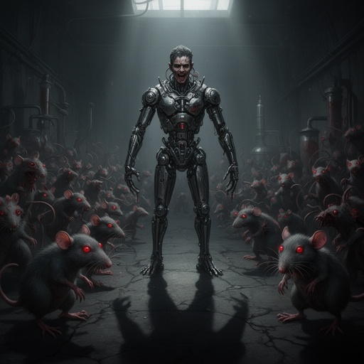 Dr. Lun Tic, a man with a chilling, metallic body. He commands an army of twisted lab rats, their eyes glowing red in the dim light.