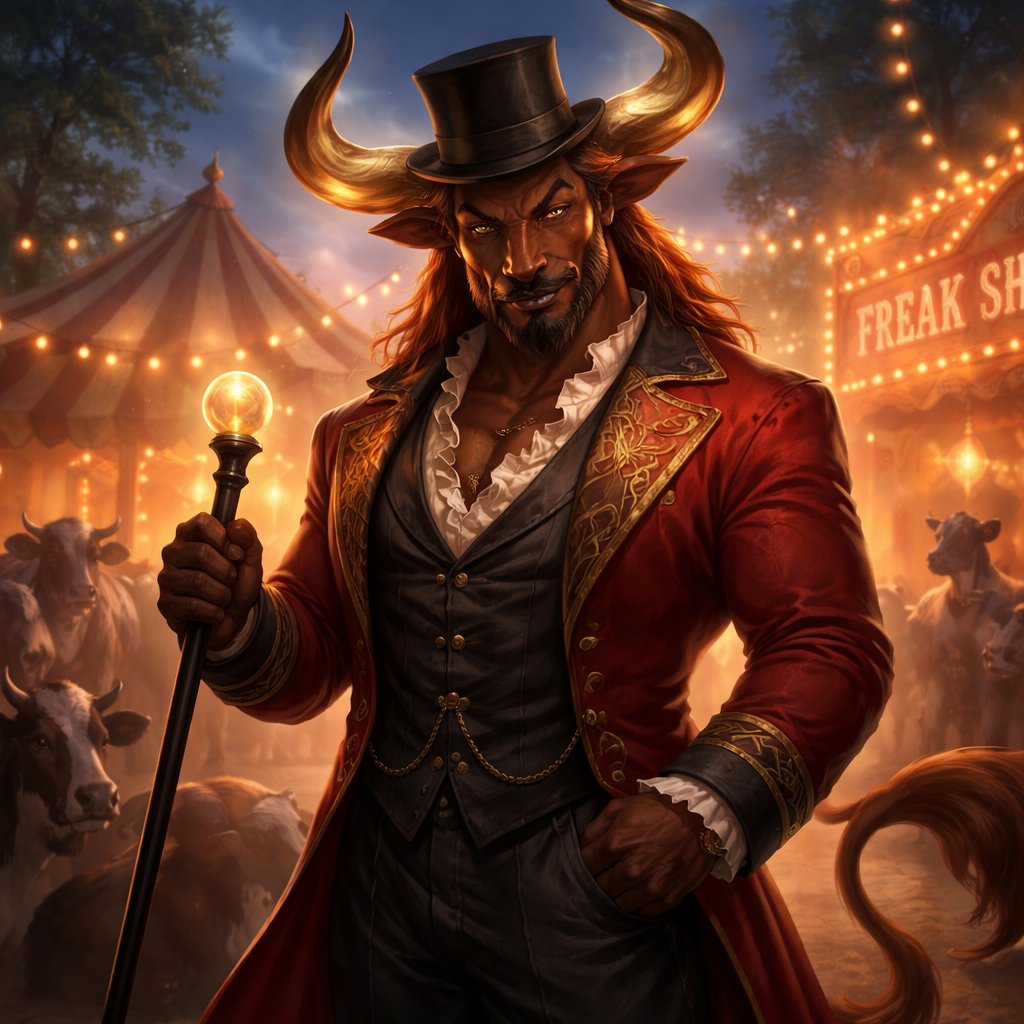 A male chestnut brown Minotaur with deep set cattle like brown eyes, large powerful gleaming horns like his fathers, a well~proportioned figure/body at lest 6 foot tall, long tail. He works at freak show as the ringmaster and his abilities are Reality Rejection, Time Manipulation (Chronokineses), Zoolingualism (Language of Cattle only), Human Speech. His mother is a human with half-animal (Cretan Cattle) physiology and his father is a Cretan Bull.