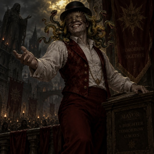 Male, white button up shirt, red open vest, red pants, bowler hat, metal mask over eyes, big smile, yellow and green snake hair, mayor
