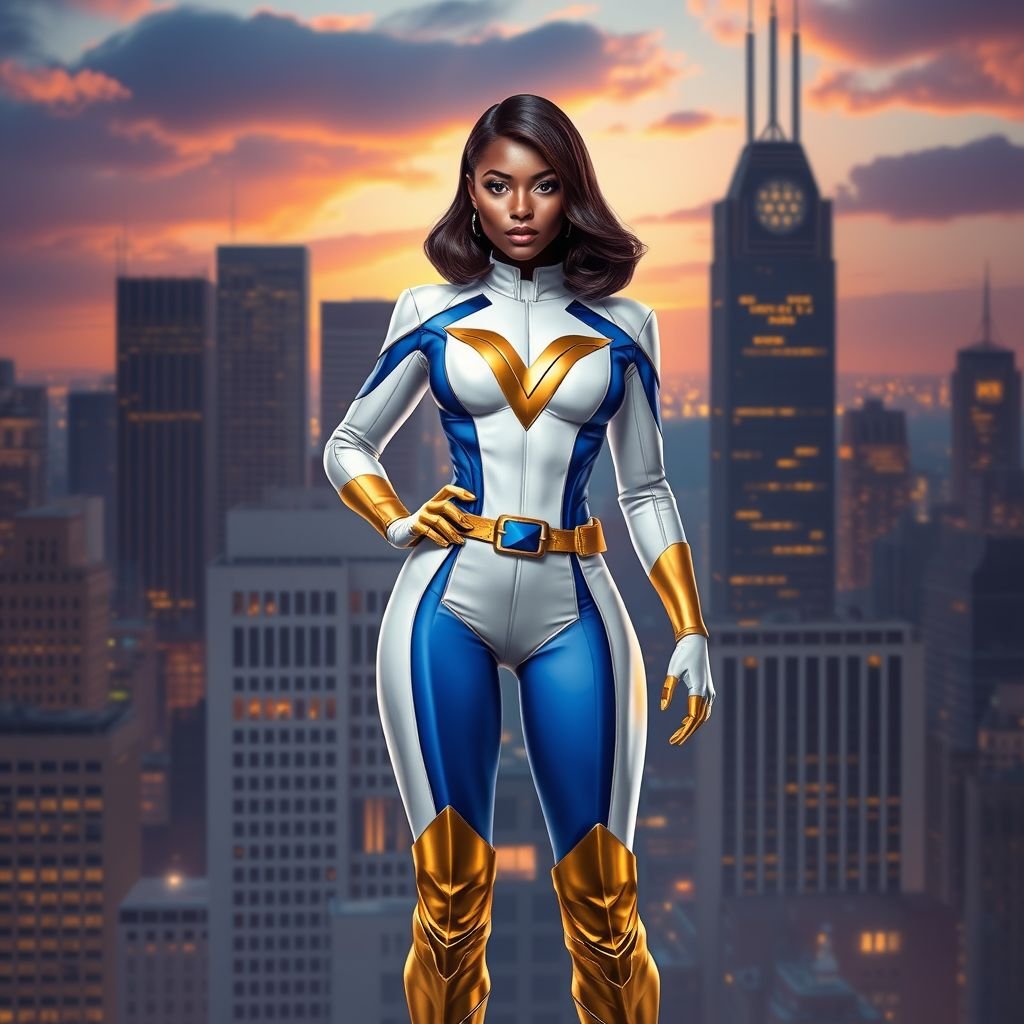 African American female superhero with hair  in a shoulder length side part hairstyle with pure Gold Glowing eyes wearing a white suit with gold and royal blue  with white pants and gold knee length boots with a utility belt with a gold V  as her chest emblem in Philadelphia 