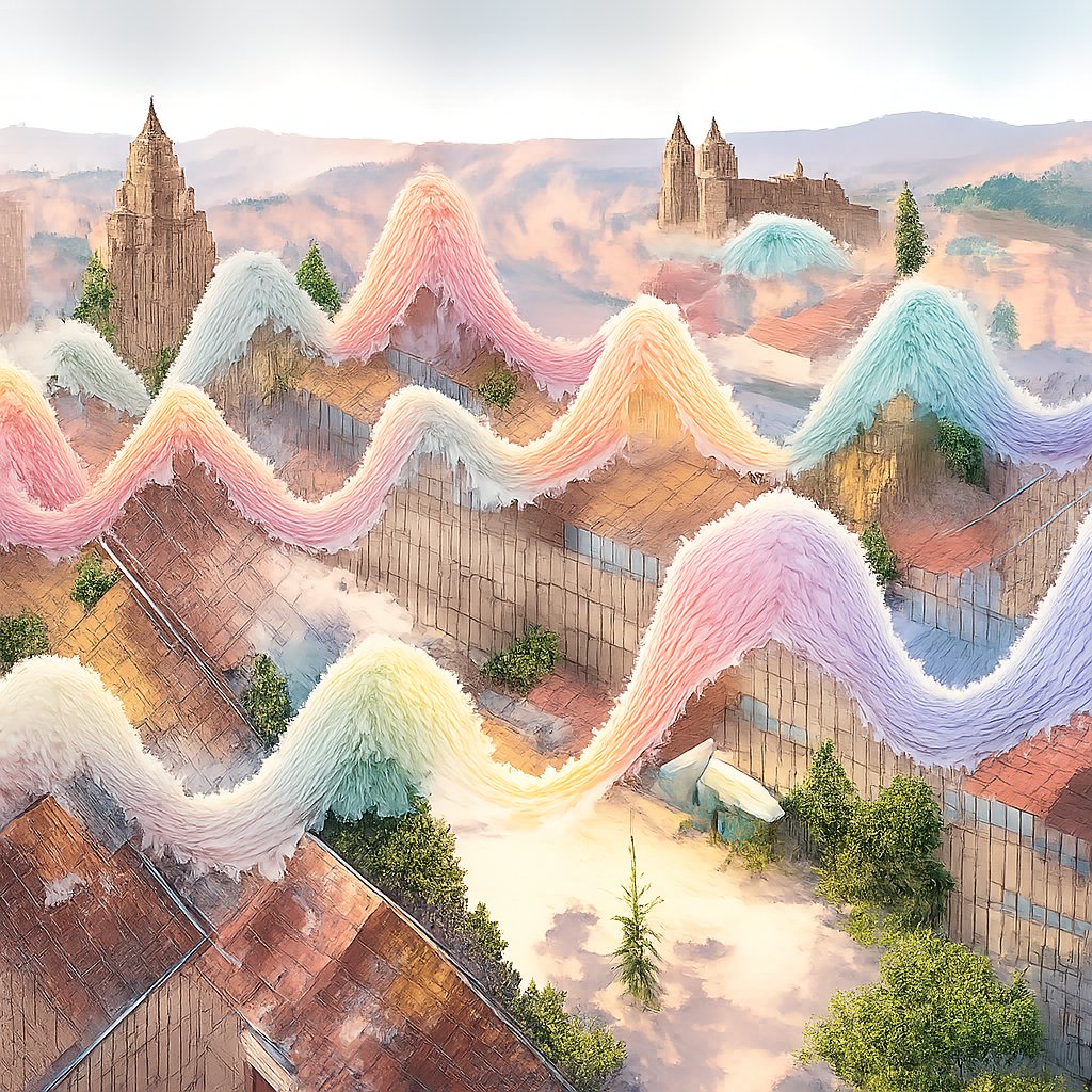 Drone view No character, no speech bubbles, lovely delicate sound waves in sine wave pattern colourful, transparent float through an old-fashioned European city