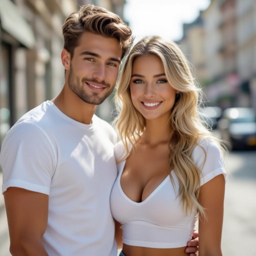A blonde girl with big boobs in a cropped shirt with her boyfriend 