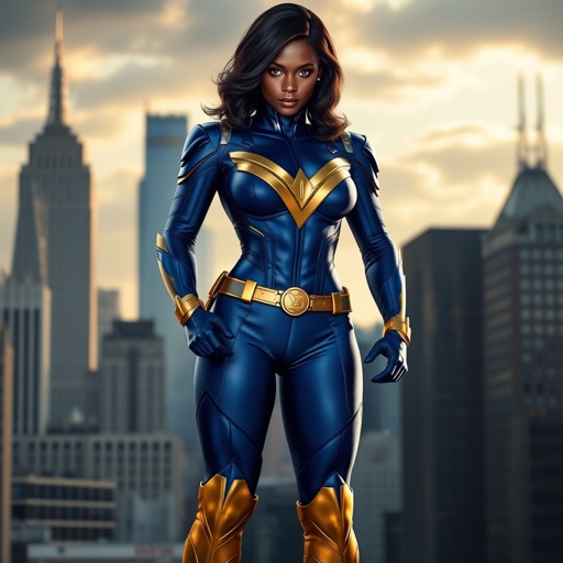 African American female superhero with hair  in a shoulder length side part hairstyle with pure Gold Glowing eyes wearing  slightly armored royal blue and gold accented suit with royal blue pants and gold knee length boots with a utility belt with a gold V  as her chest emblem in Philadelphia 