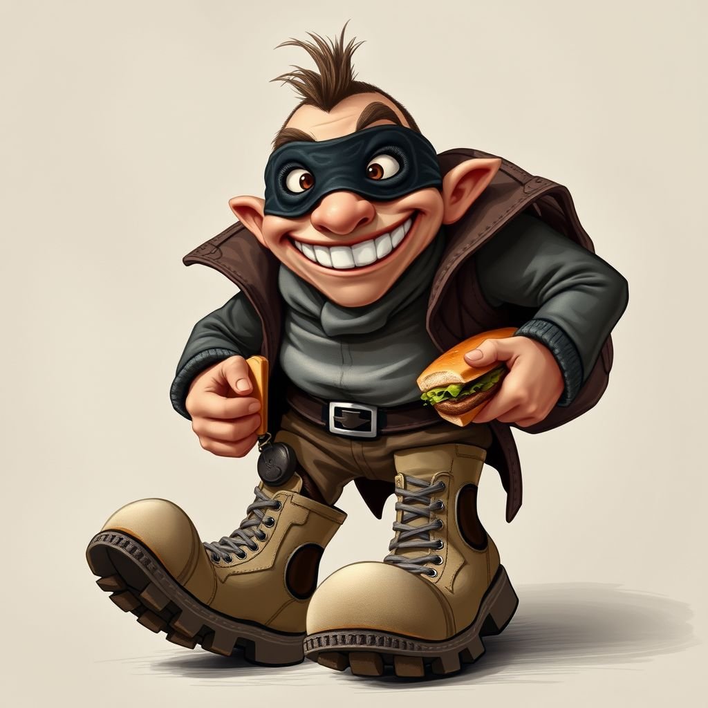 Create a funny looking clumsy thief with funny shoes on. Make him have on the bandit black thing around his eyes. And wanted for stealing sandwiches