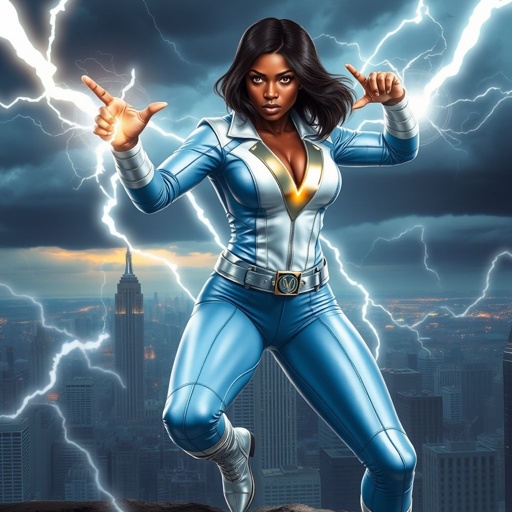 African American female superhero with hair in a shoulder length side part hairstyle with pure Gold glowing eyes wearing a leather light blue white and silver suit with light blue pants and silver boots and a V as her chest emblem controlling a storm in Philadelphia