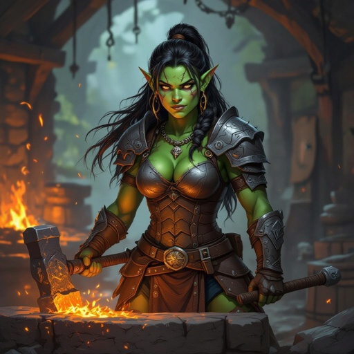 A female half orc blacksmith