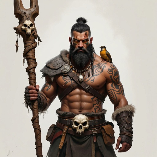 Kael the Beastbound – A rugged, broad-shouldered man with dark skin and a rough beard, wearing armor made from bone and leather. deep green eyes tattoos of animal tracks spiral down his arms. He carries a massive wooden staff carved with the shapes of beasts, and small creatures often perch on his shoulders or follow at his feet.