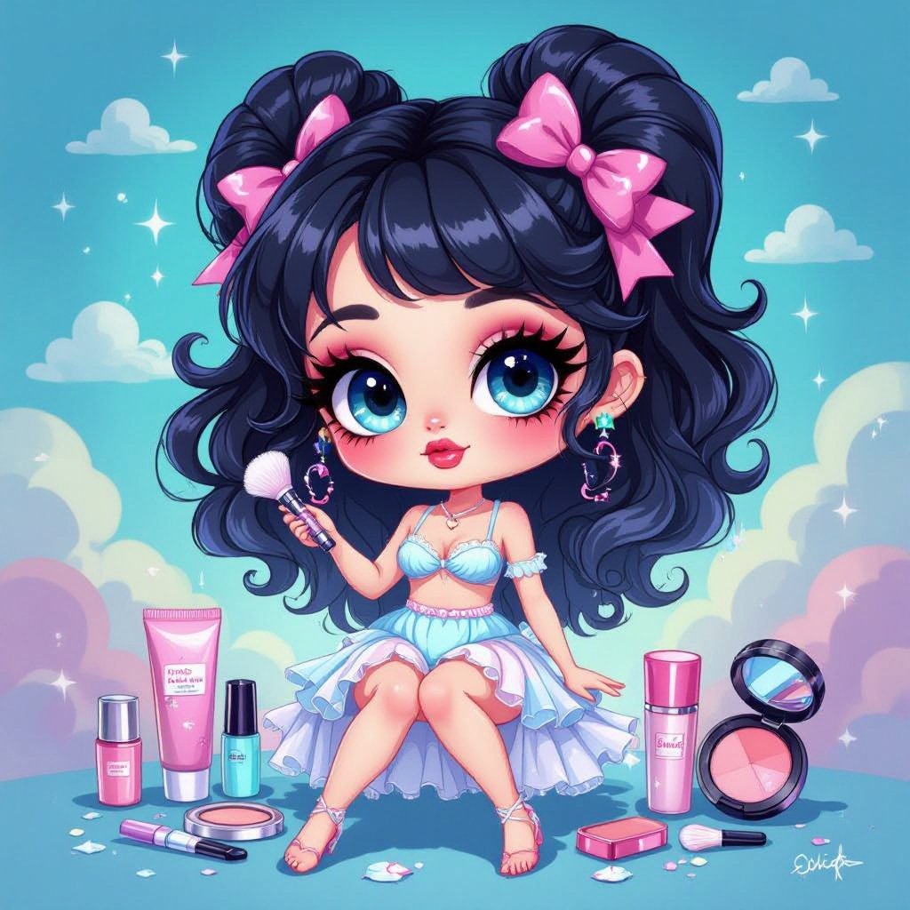 Create a chibi character showing a lady who loves beauty products  