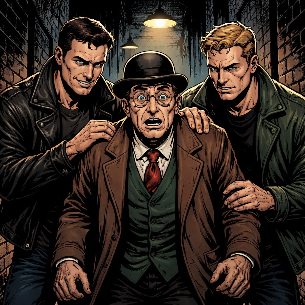 Two men are on either side of an elderly man with a boulder hat. The elderly man looks frightened . They’re walking down a dark alleyway at night.
