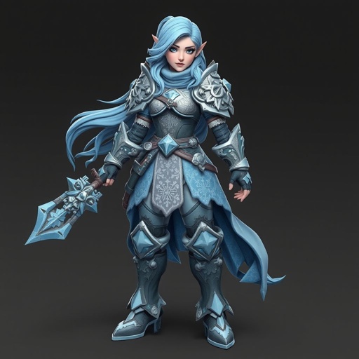 Create a battle woman hero called Alvara the Frostheart. Show full body head to toe including shoes