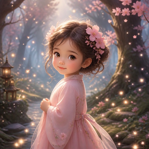 Girl aged 5 years with Chery-blossoms in her hair 