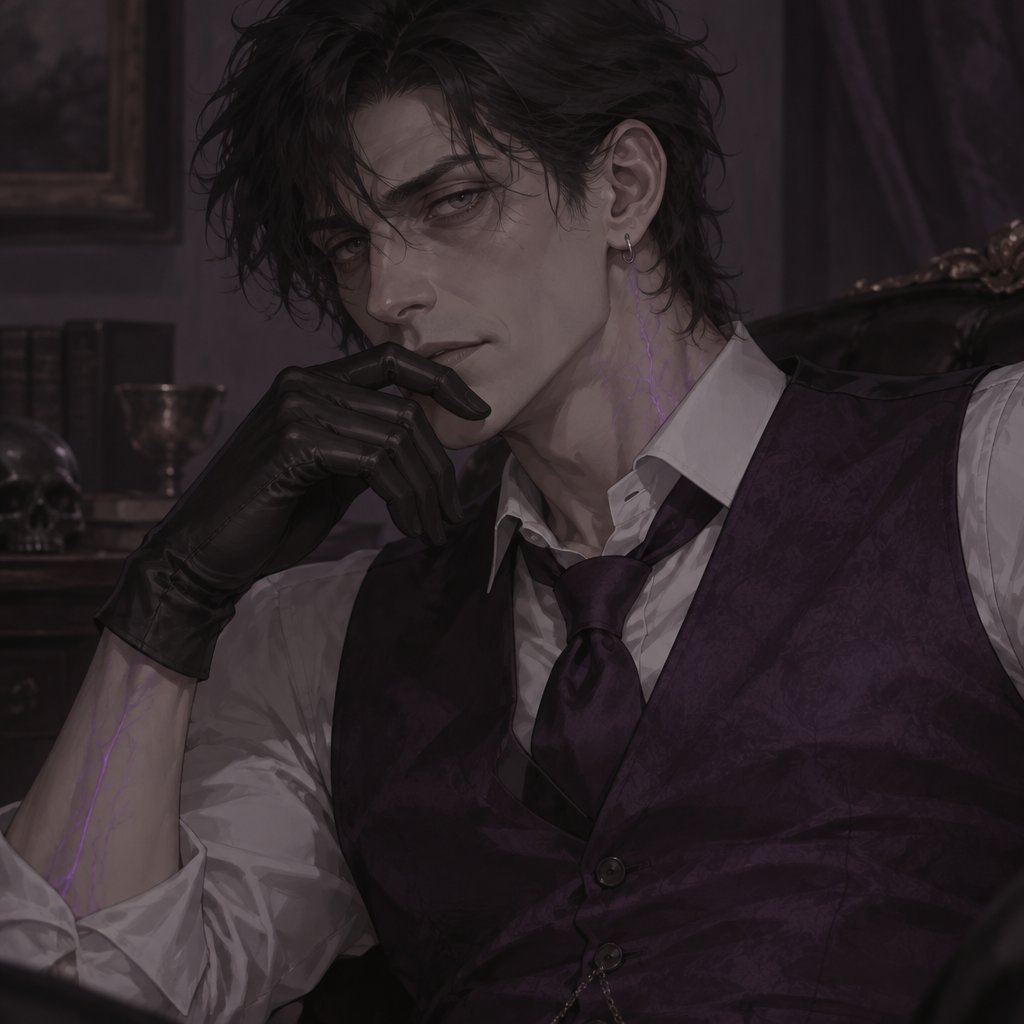 Male, slim, slight eye bags, black messy wavy hair, back hair, brushed side hair, strands of hair in the middle of forehead, ear piercing ring, gloves, purple glowing veins, purple vest, white shirt, no facial hair, bad guy, mid 40s