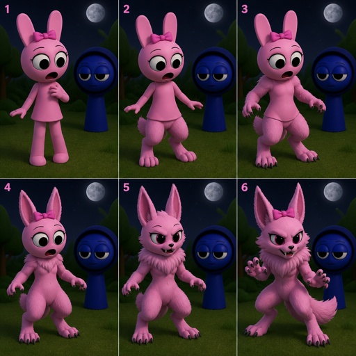 Pinki from sprunki starting to turn into her kind Wererabbit self in front of Jevin from sprunki with her legs and tail transforming and then her arms and then her ears and her neck gets fluffy and then she’s fully transformed with her eyes being black and pink