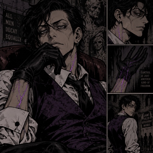 Male, slim, slight eye bags, black messy wavy hair, back hair, brushed side hair, strands of hair in the middle of forehead, ear piercing ring, gloves, purple glowing veins, purple vest, white shirt, no facial hair, bad guy, mid 40s