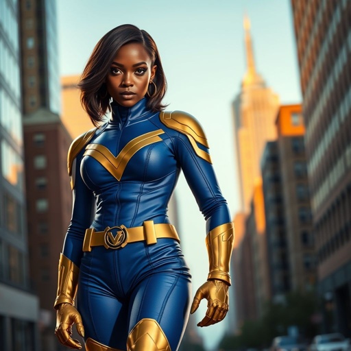 African American female superhero with hair  in a shoulder length side part hairstyle with pure Gold Glowing eyes wearing  slightly armored royal blue white and gold accented suit with royal blue pants and gold knee length boots with a utility belt with a gold V  as her chest emblem in Philadelphia 