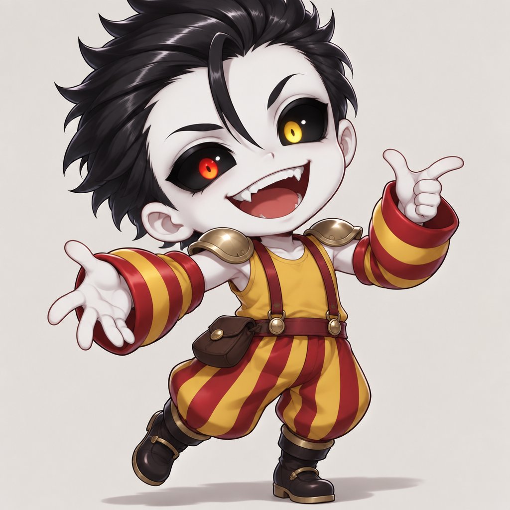 Male, white painted skin, black slick spiked back hair, one hair strand on forehead, completely black eyes, one red one yellow pupil, one black spike under eyes black dot under black lines above lines under eyebrows, big smile, sleeveless yellow shirt, red suspenders with yellow stripes baggy, red and yellow striped arm warmers, plain gold shoulder pads, small brown sack attached to belt, posing