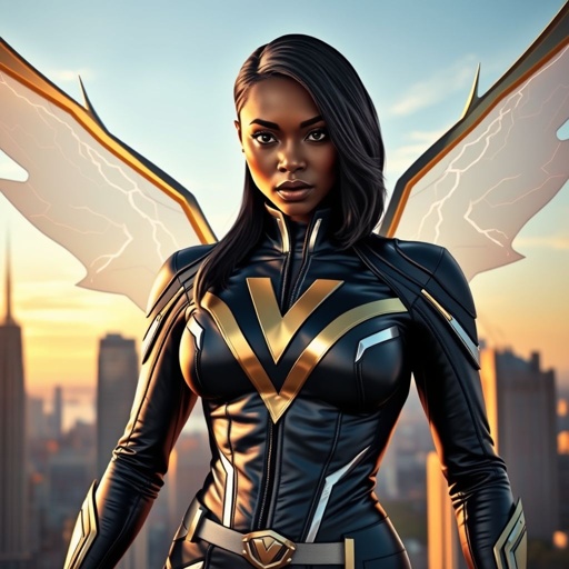 African American female superhero with neck length hair in a side part style wearing a leather gold white and blue suit with blue pants and gold boots with a stylized V as her chest emblem and lightning wings standing in a city at dawn