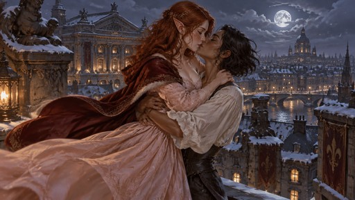 high-fantasy stylized historical D&D painted illustration of two women lovingly kissing on a snowy fancy parisian rooftop in the snow under the moonlight. (reminiscent of phantom of the opera) the first is an elegant elf woman with red hair, green eyes, and freckles wearing a flowy pale pink dress and red warm cloak. she is being embraced and spun by a tan strong tender woman with wavy dark short hair, bright blue eyes, and freckles wearing a flowy white top.