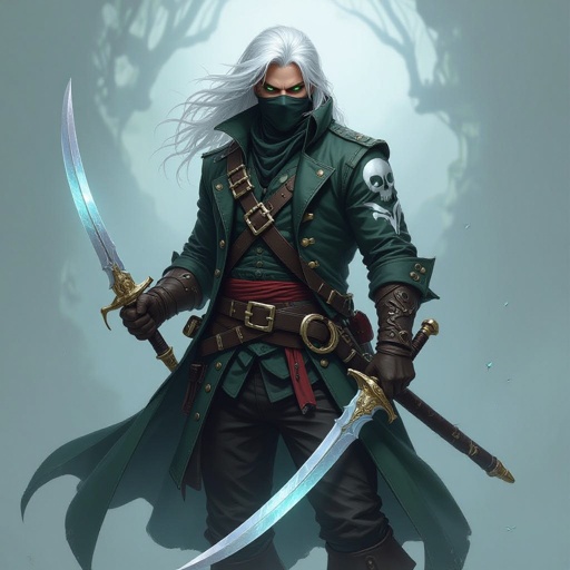 Pirate captain 5’7 tall platinum hair almost white bright green eyes human keeps face covered 130 lbs Ghost form tattoo on right arm Duel wielding crystal rapier blades rouge pirate captain