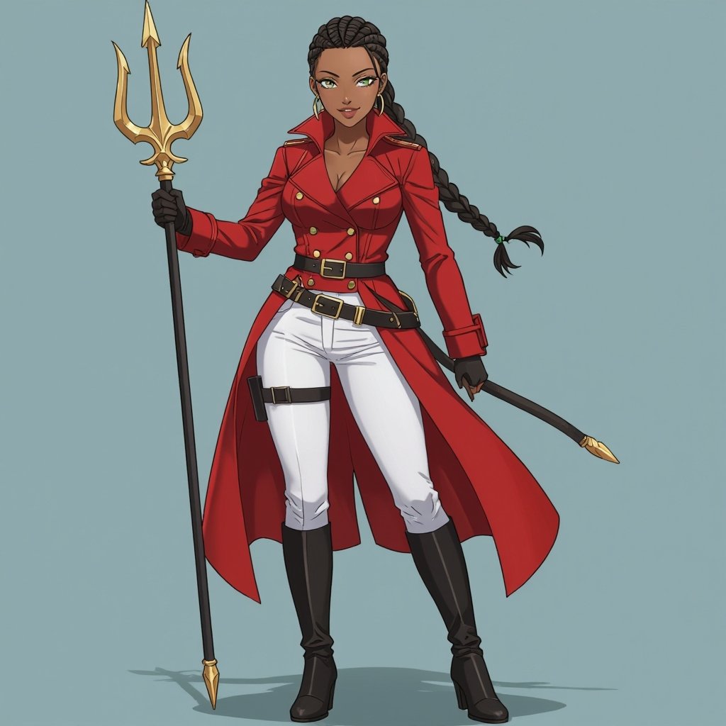 human, african american, woman, red double-breasted greatcoat, white pants, black boots, belts, trident, braid, green eyes, smiling, thicker woman