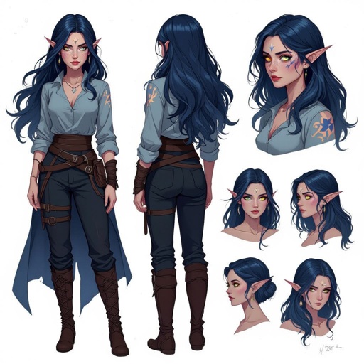 Hair:Dark Blue fading Black waist length  hair Facial features: star freckles, eye brow scar on right side( closest to the nose), crescent moon birthmark behind the left ear - close to the lobe Eyes: Grey Body Type: Hourglass Height: 4’8 Preferred outfit: Long Sleeve Shirt and Pants Other: 	•	Scars on arms, back, and legs 	•	Burn marks on back and arms 	•	Draco Constellation on right shoulderblade 