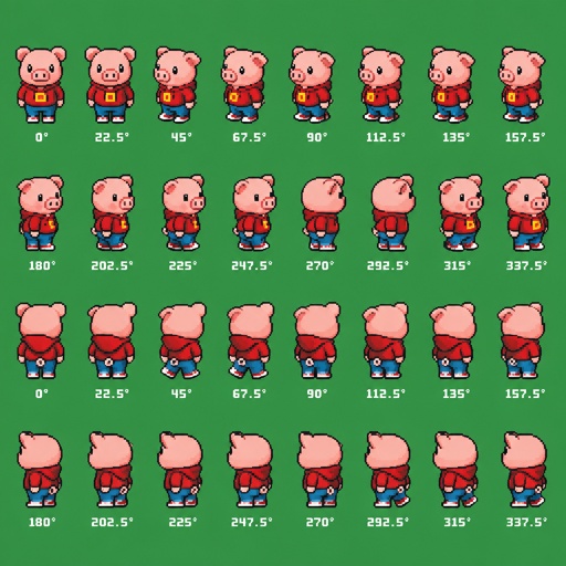 Pig for a fantasy game set in modern times, top-down style, 360, different colors