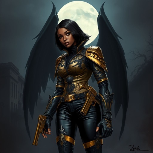 A teenage African American female with shoulder length hair  in a side part style wearing an armored gold leather jacket with black accents black leather pants and gold boots with a gun belt and two guns on her hips